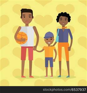 African Black People. Afro American Family. African black people. Afro american family. Husband, wife and child negro. Mother, father and little boy. Black-skinned characters. Part of series of people of the world. Vector in flat style