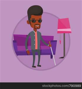 African blind man standing with walking stick. Blind man in dark glasses standing with cane at home. Blind man walking with stick. Vector flat design illustration in the circle isolated on background.. Blind man with walking stick vector illustration.