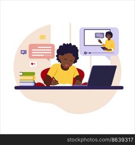 African boy sitting behind his desk studying online using his computer. Illustration with work table, laptop, books. Flat vector.
