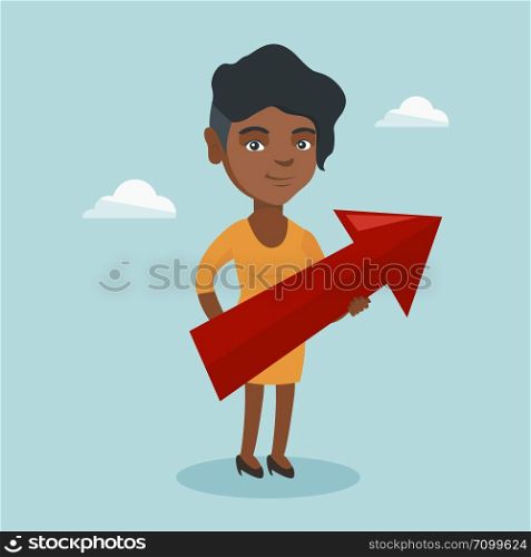 African bsiness woman thinking about the strategy of business growth. Young woman holding a big arrow representing business growth. Business growth concept. Vector cartoon illustration. Square layout.. African bsiness woman aiming at business growth.