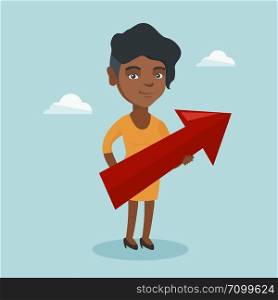 African bsiness woman thinking about the strategy of business growth. Young woman holding a big arrow representing business growth. Business growth concept. Vector cartoon illustration. Square layout.. African bsiness woman aiming at business growth.