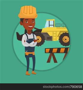 African builder standing with arms crossed. Builder in hard hat standing on the background of construction site or road works. Vector flat design illustration in the circle isolated on background.. Confident builder with arms crossed.