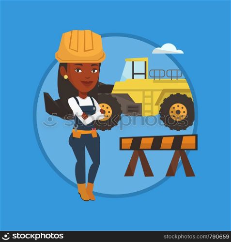African builder standing with arms crossed. Builder in hard hat standing on the background of construction site or road works. Vector flat design illustration in the circle isolated on background.. Confident builder with arms crossed.