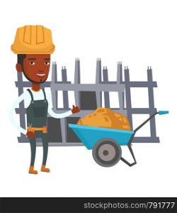 African builder with thumb up standing near wheelbarrow. Young builder in hard hat giving thumb up. Builder at work on construction site. Vector flat design illustration isolated on white background.. Builder giving thumb up vector illustration.
