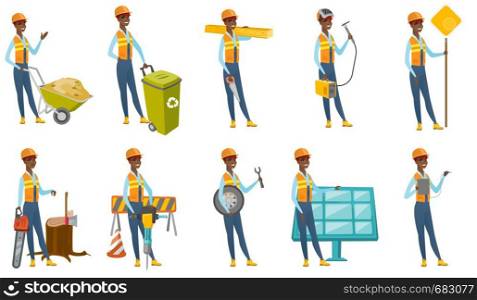 African builder worker working with pneumatic hammer drill equipment at construction site. Young builder using pneumatic hammer. Set of vector flat design illustrations isolated on white background.. Vector set of builder characters.