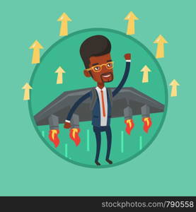 African business man flying with a jet backpack. Businessman flying on the business start up rocket. Business start up concept. Vector flat design illustration in the circle isolated on background.. Happy businessman flying on the rocket to success.