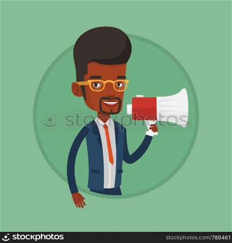 African business man promoter holding a megaphone. Business man promoter speaking into a megaphone. Social media marketing concept. Vector flat design illustration in the circle isolated on background. Young man speaking into megaphone.