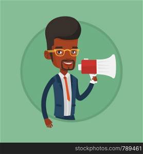 African business man promoter holding a megaphone. Business man promoter speaking into a megaphone. Social media marketing concept. Vector flat design illustration in the circle isolated on background. Young man speaking into megaphone.