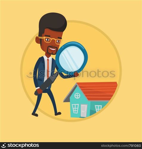 African business man using a magnifying glass for looking for a new house. Business man analyzing house with a magnifying glass. Vector flat design illustration in the circle isolated on background.. Man looking for house vector illustration.