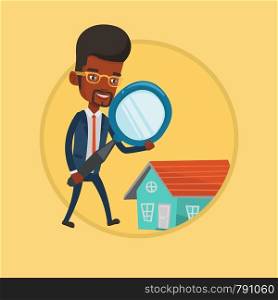 African business man using a magnifying glass for looking for a new house. Business man analyzing house with a magnifying glass. Vector flat design illustration in the circle isolated on background.. Man looking for house vector illustration.