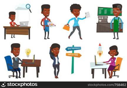African business man using cloud computing technologies. Business man working on laptop under cloud. Cloud computing concept. Set of vector flat design illustrations isolated on white background.. Vector set of business characters.
