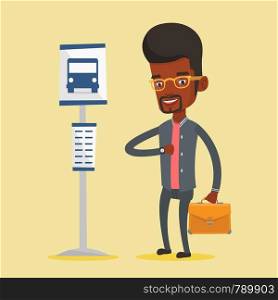 African business man with briefcase waiting at the bus stop. Young business man standing at the bus stop. Man looking at his watch at the bus stop. Vector flat design illustration. Square layout.. Man waiting at the bus stop vector illustration.