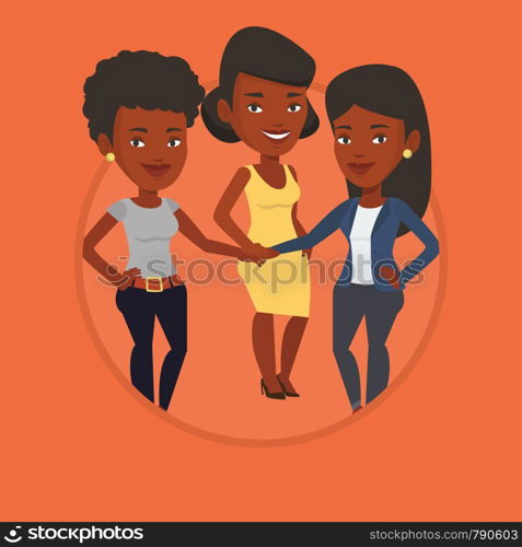 African business people putting their hands together. Group of business women joining hands. Business women stacking their hands. Vector flat design illustration in the circle isolated on background. Group of business women joining hands.