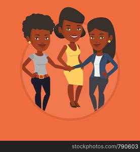 African business people putting their hands together. Group of business women joining hands. Business women stacking their hands. Vector flat design illustration in the circle isolated on background. Group of business women joining hands.