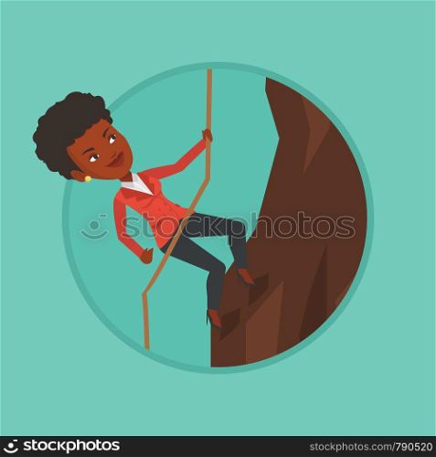 African business woman climbing on the rock. Business woman climbing on the mountain using rope. Concept of business challenge. Vector flat design illustration in the circle isolated on background.. Business woman climbing on the mountain.