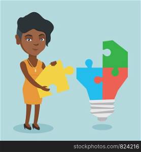 African business woman completing idea lightbulb made of puzzle. Young business woman inserts the missing puzzle in idea lightbulb. Business idea concept. Vector cartoon illustration. Square layout.. Business woman completing lightbulb made of puzzle