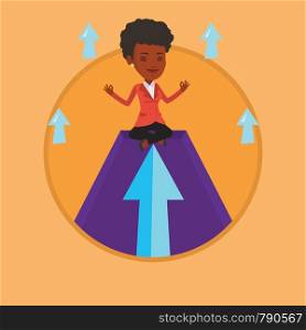 African business woman doing yoga on a mountain. Business woman meditating in yoga lotus pose. Woman sitting in yoga lotus pose. Vector flat design illustration in the circle isolated on background.. Peaceful business woman meditating in lotus pose.