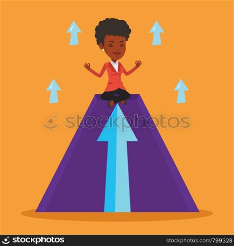 African business woman doing yoga on a mountain with arrow going up. Woman meditating in yoga lotus pose. Woman sitting in yoga lotus pose on mountain. Vector flat design illustration. Square layout. Peaceful business woman meditating in lotus pose.