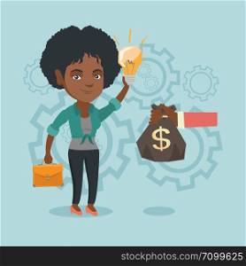 African business woman exchanging her business idea light bulb for money bag. Businesswoman selling her business idea. Concept of successful business idea. Vector cartoon illustration. Square layout.. African businesswoman exchanging idea for money.