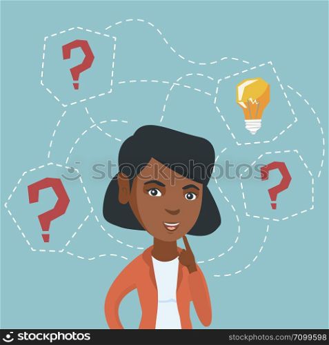 African business woman having creative idea. Young business woman standing with question marks and idea light bulb above her head. Business idea concept. Vector cartoon illustration. Square layout.. African-american business woman got business idea.