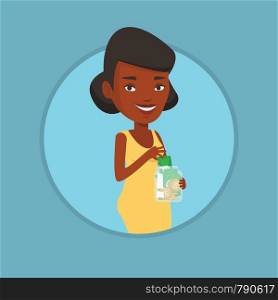 African business woman holding money box. Business woman saving money in glass jar. Business woman putting money into glass jar. Vector flat design illustration in the circle isolated on background.. Woman putting dollar money into glass jar.