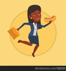 African business woman in a hurry eating hot dog. Business woman eating on the run. Business woman running and eating hot dog. Vector flat design illustration in the circle isolated on background.. Business woman eating hot dog vector illustration.