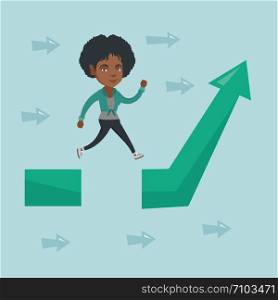 African business woman jumping over the gap of increasing arrow symbolizing business obstacle. Business woman coping successfully with business obstacle. Vector cartoon illustration. Square layout.. Business woman jumping over gap on arrow going up.
