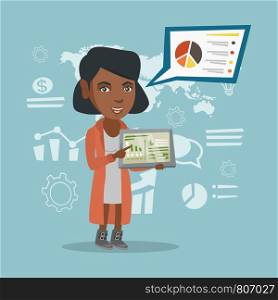 African business woman pointing at charts on a tablet computer screen. Business woman presenting report on a digital tablet on the background of graphs. Vector cartoon illustration. Square layout.. Businesswoman presenting report on tablet computer