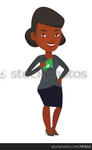African business woman putting money bribe in her pocket. Business woman hiding money bribe in pocket. Bribery and corruption concept. Vector flat design illustration isolated on white background.. Business woman putting money bribe in pocket.
