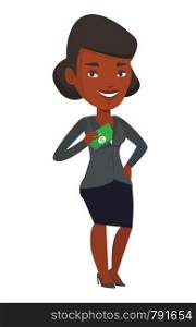African business woman putting money bribe in her pocket. Business woman hiding money bribe in pocket. Bribery and corruption concept. Vector flat design illustration isolated on white background.. Business woman putting money bribe in pocket.