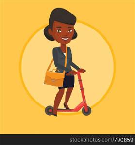 African business woman riding a kick scooter. Business woman riding to work on kick scooter. Business woman on a kick scooter. Vector flat design illustration in the circle isolated on background.. Woman riding kick scooter vector illustration.