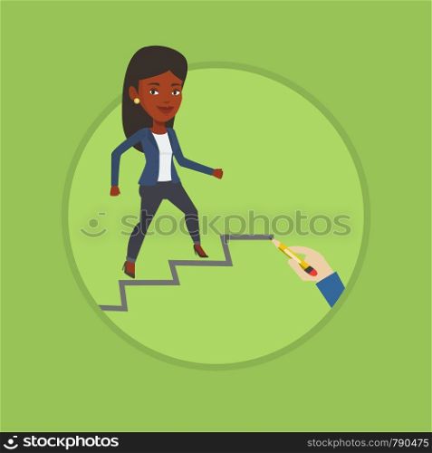 African business woman running up the career ladder drawn by hand. Woman climbing the career ladder. Concept of business career. Vector flat design illustration in the circle isolated on background.. Business woman running up the career ladder.