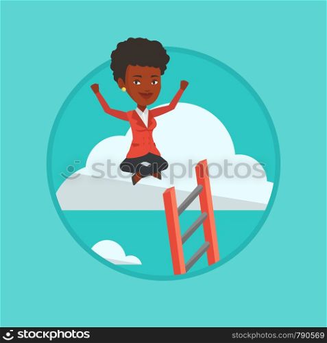 African business woman sitting on cloud with ledder. Business woman relaxing on a cloud. Business woman with rised hands on cloud. Vector flat design illustration in the circle isolated on background.. Happy business woman sitting on the cloud.