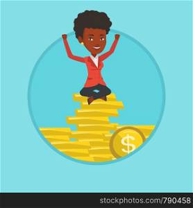 African business woman sitting on stack of golden coins. Business woman sitting on a pile of coins. Business woman on gold coins. Vector flat design illustration in the circle isolated on background.. Happy business woman sitting on golden coins.