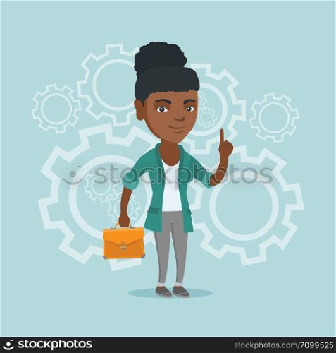 African business woman standing on the background of cogwheels and pointing finger up because she came up with business idea. Woman having business idea. Vector cartoon illustration. Square layout.. African business woman came up with business idea.