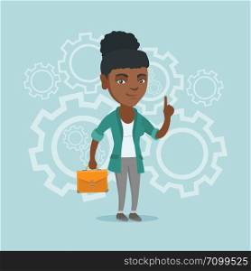 African business woman standing on the background of cogwheels and pointing finger up because she came up with business idea. Woman having business idea. Vector cartoon illustration. Square layout.. African business woman came up with business idea.