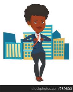 African business woman superhero. Business woman opening her jacket like superhero. Business woman taking off her jacket like superhero. Vector flat design illustration isolated on white background.. Business woman opening his jacket like superhero.