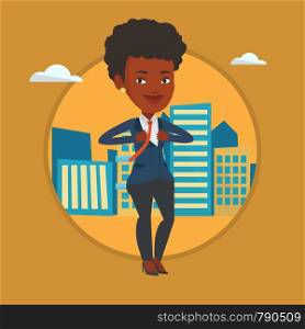 African business woman superhero. Business woman opening jacket like superhero. Business woman taking off jacket like superhero. Vector flat design illustration in the circle isolated on background.. Business woman opening her jacket like superhero.