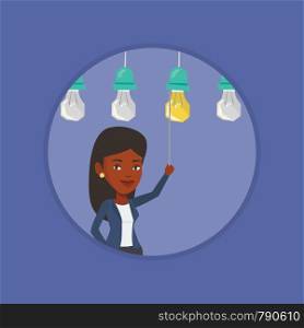 African business woman switching on hanging idea light bulb. Young business woman pulling a light switch. Business idea concept. Vector flat design illustration in the circle isolated on background.. Woman having business idea vector illustration.