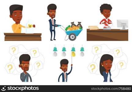 African business woman thinking. Thinking business woman standing under question marks. Thinking man surrounded by question marks. Set of vector flat design illustrations isolated on white background.. Vector set of business characters.