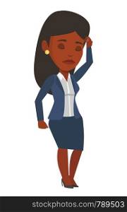 African business woman thinking with closed eyes. Business woman scratching head during thinking process. Concept of business thinking. Vector flat design illustration isolated on white background.. Young businessman thinking vector illustration.