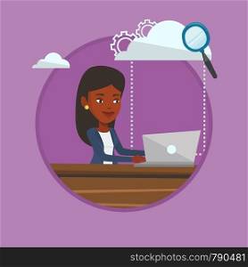 African business woman using cloud computing technologies. Business woman working on laptop under cloud. Cloud computing concept. Vector flat design illustration in the circle isolated on background. Cloud computing technology vector illustration.