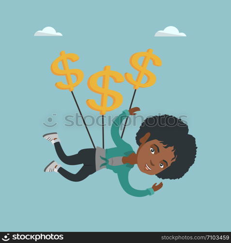 African business woman using dollar signs as a parachute. Young business woman flying with dollar signs. Business woman gliding in the sky with dollars. Vector cartoon illustration. Square layout.. African business woman flying with dollar signs.