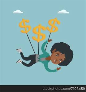 African business woman using dollar signs as a parachute. Young business woman flying with dollar signs. Business woman gliding in the sky with dollars. Vector cartoon illustration. Square layout.. African business woman flying with dollar signs.