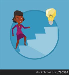 African business woman walking upstairs to the idea light bulb. Businesswoman running on the stairs to get idea bulb on the top. Vector flat design illustration in the circle isolated on background.. Business woman walking upstairs to the idea bulb.