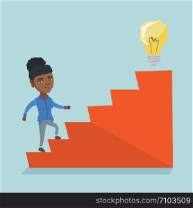 African business woman walking upstairs to the idea lightbulb. Young business woman climbing up the stairs to get idea lightbulb. Business idea concept. Vector cartoon illustration. Square layout.. Business woman walking upstairs to the idea bulb.