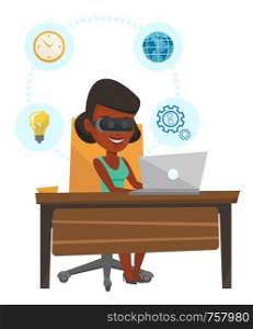 African business woman wearing virtual reality headset and working on a computer. Business woman using virtual reality device in office. Vector flat design illustration isolated on white background.. Business woman in vr headset working on computer.