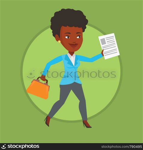 African business woman with briefcase and a document running. Business woman running in a hurry. Business woman running forward. Vector flat design illustration in the circle isolated on background.. Happy business woman running vector illustration.