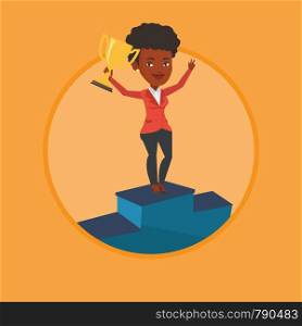African business woman with business award standing on a pedestal. Business woman celebrating her award. Business award concept. Vector flat design illustration in the circle isolated on background.. Businesswoman proud of her business award.