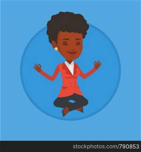 African business woman with eyes closed meditating in yoga lotus position. Business woman relaxing in the yoga lotus position. Vector flat design illustration in the circle isolated on background.. Businesswoman meditating in lotus position.